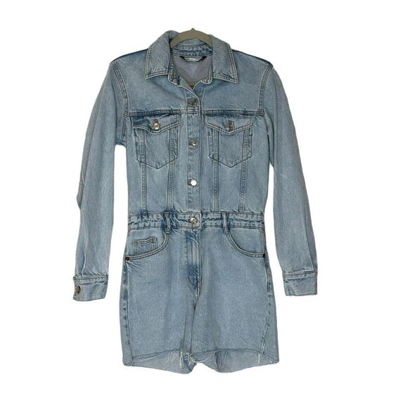 Zara Denim Jumpsuit Long Sleeve Shorts | Size S - Picture 5 of 11